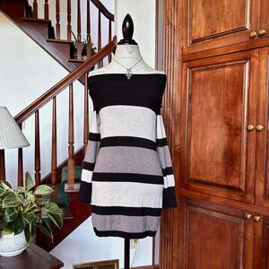 INC International Concepts 90s Stripe Sweater Tunic Dress Cowl Off the Shoulder
